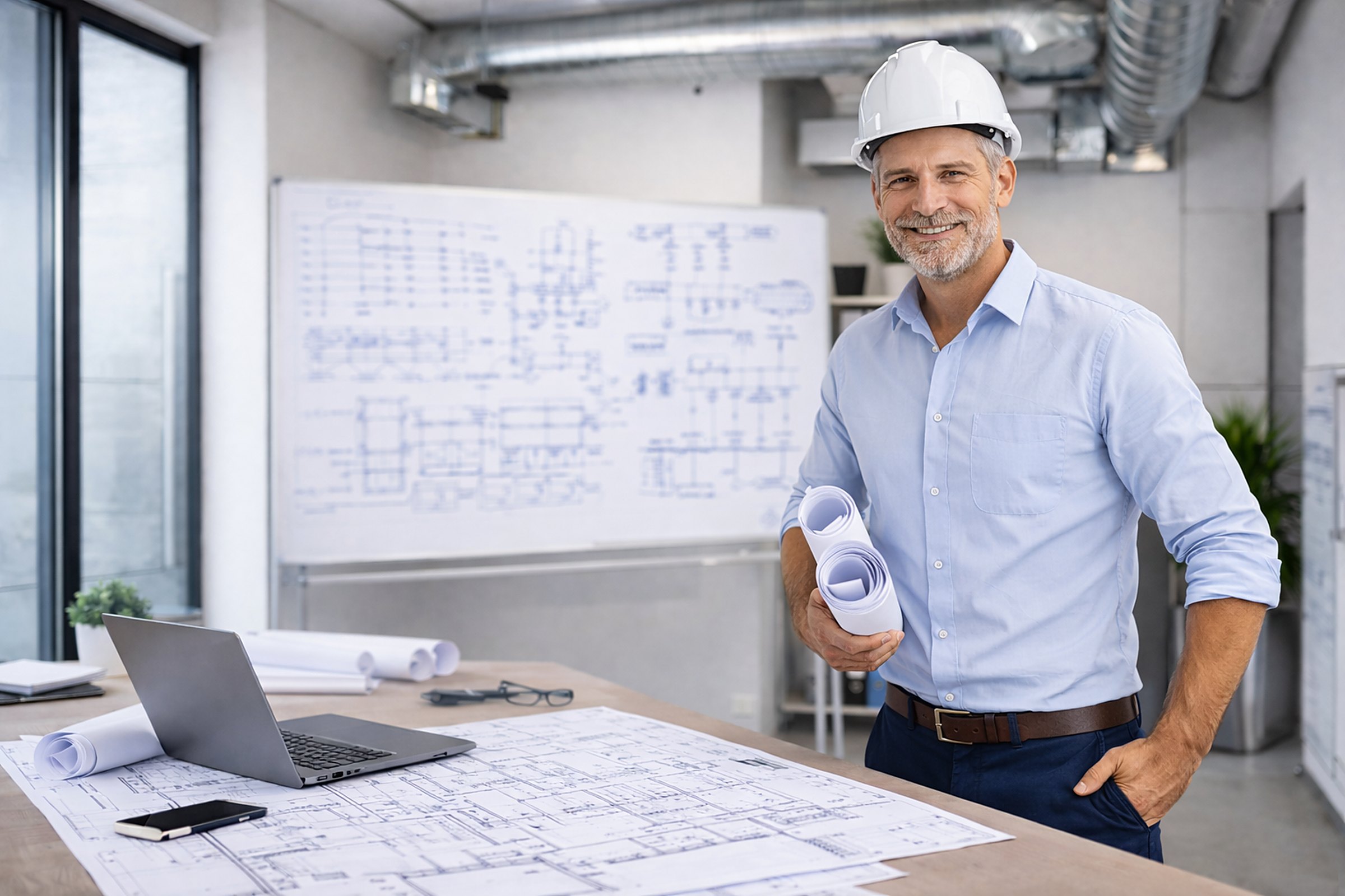 Engineer holding rolled drawings in a design office
